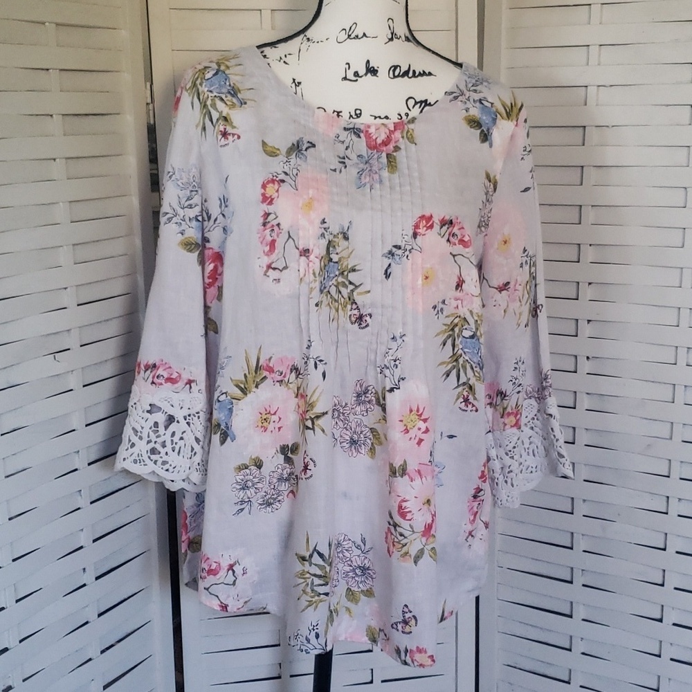J.Jill 100% linen floral pleated front 3/4 sleeves tunic M
